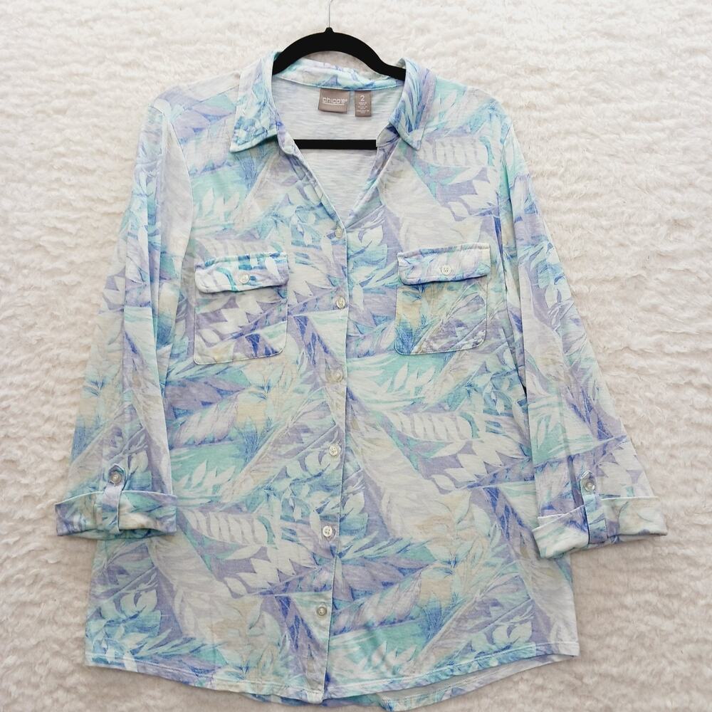 Blouse Chico Button Up Watercolor Tropical Floral Resort Cruise Fairy Boho Sz 12